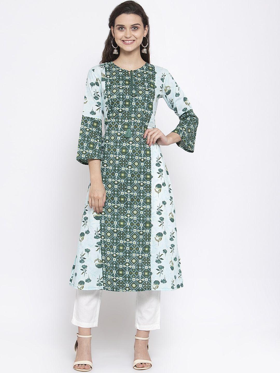 indibelle women green floral print a-line kurta with trouser