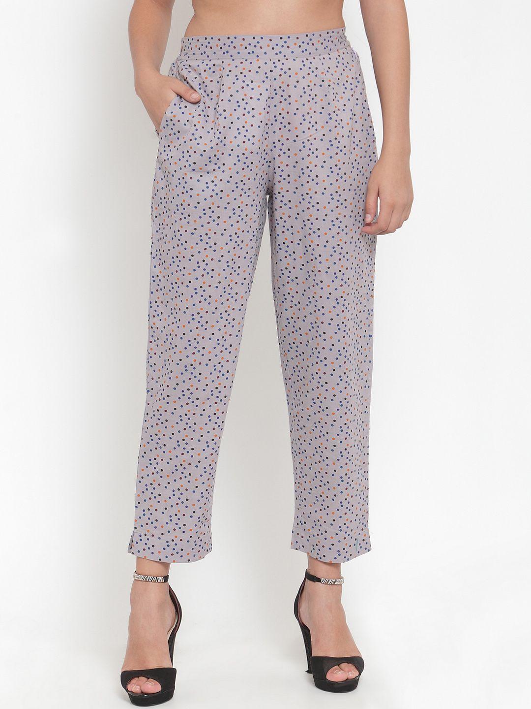 indibelle women grey & blue regular fit printed regular trousers