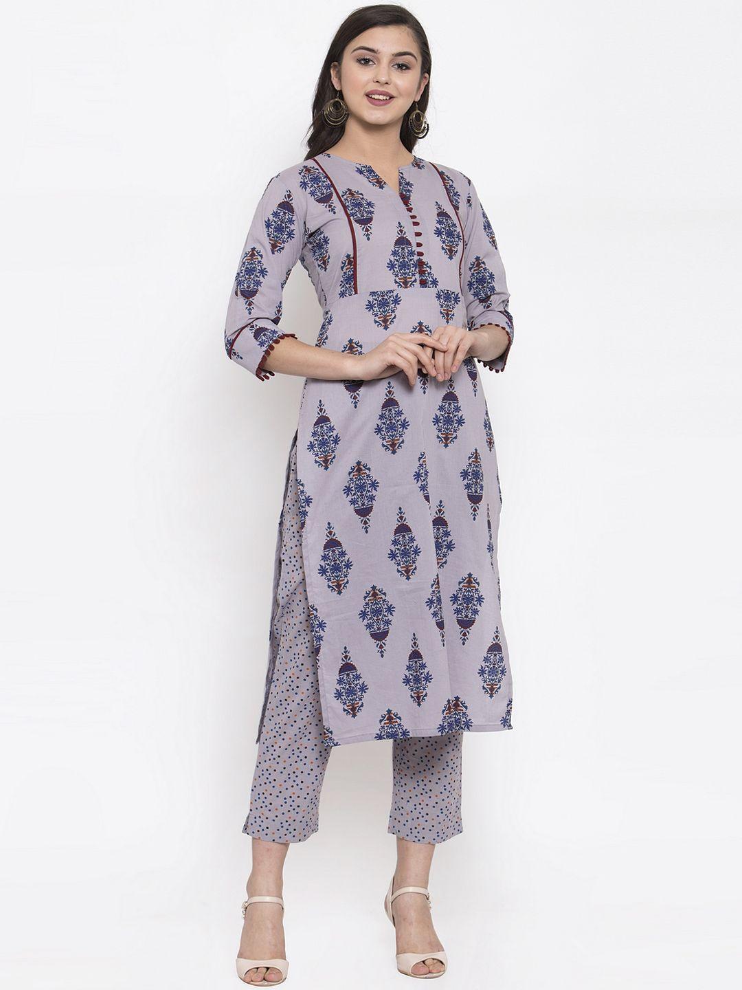 indibelle women grey block printed straight kurta