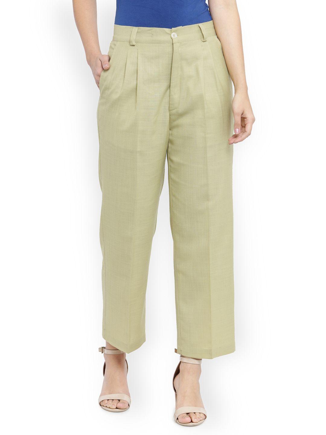 indibelle women khaki classic regular fit solid formal trousers