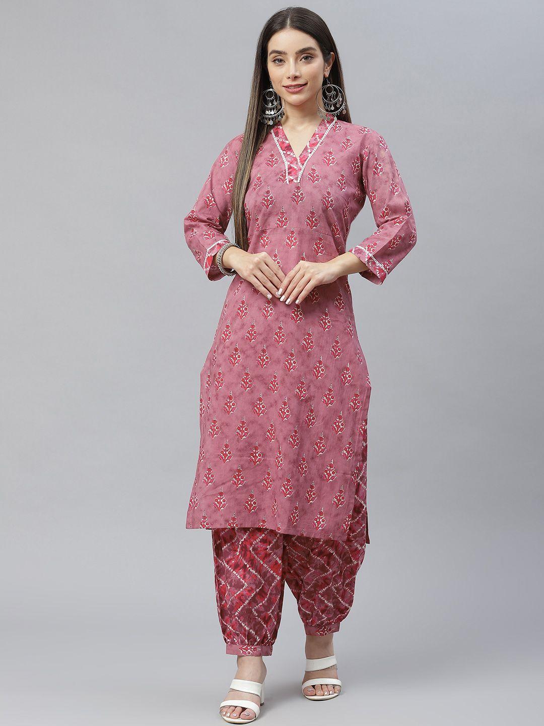 indibelle women magenta floral printed pure cotton kurta with salwar