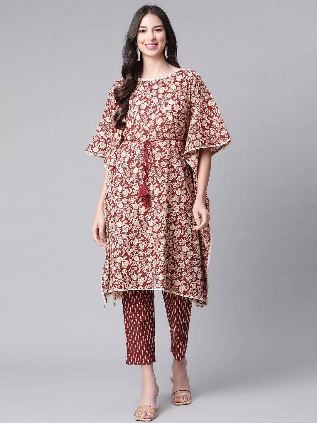 indibelle women maroon & golden pure cotton ethnic motifs printed kaftan kurta