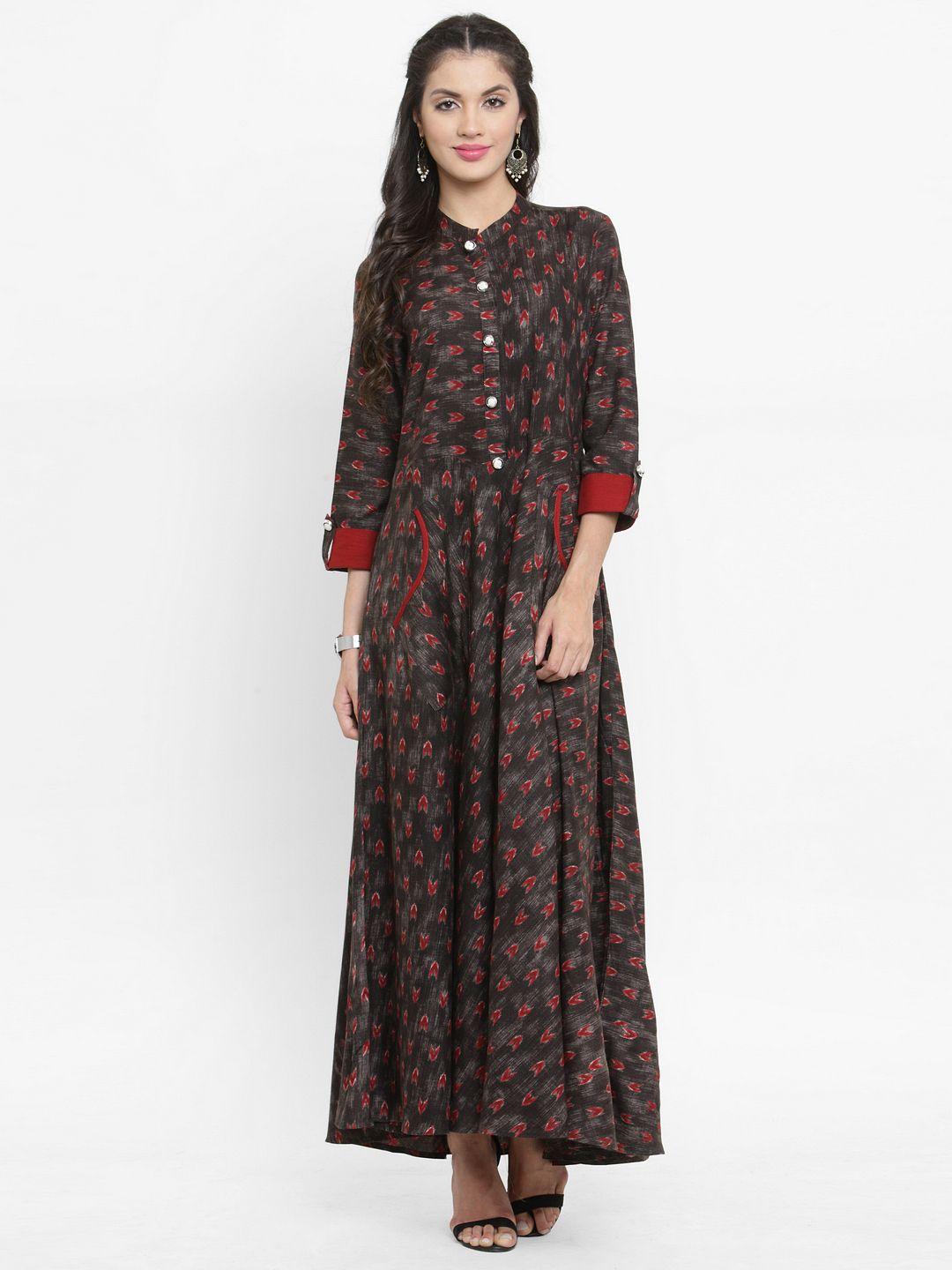 indibelle women maroon & grey printed a-line kurta