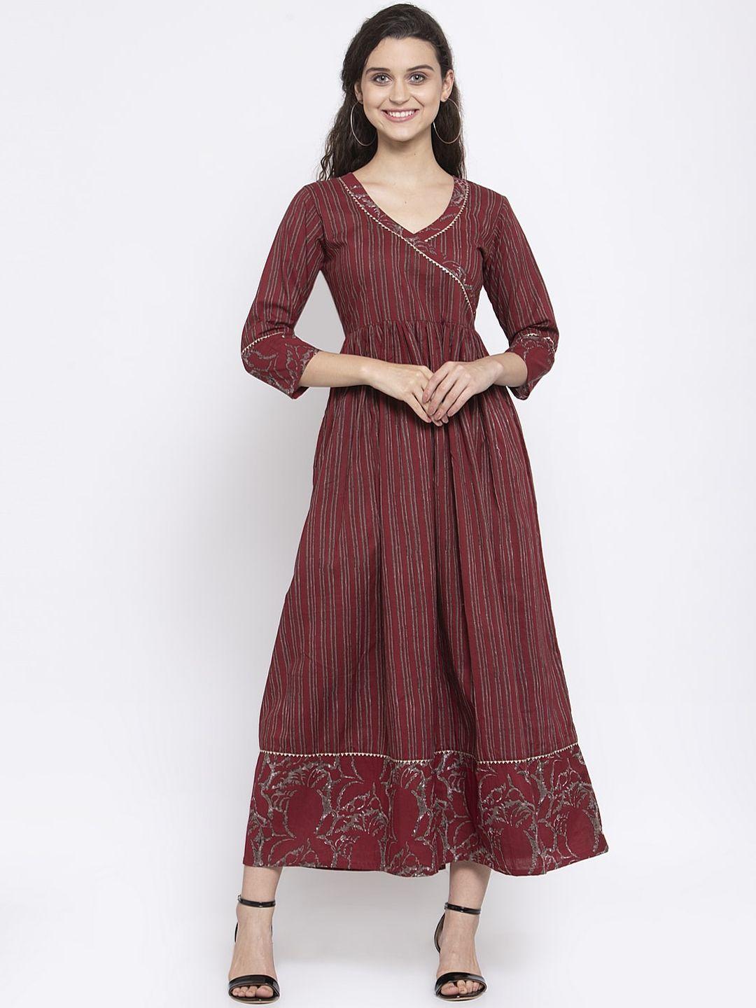 indibelle women maroon & grey striped angrakha a-line kurta