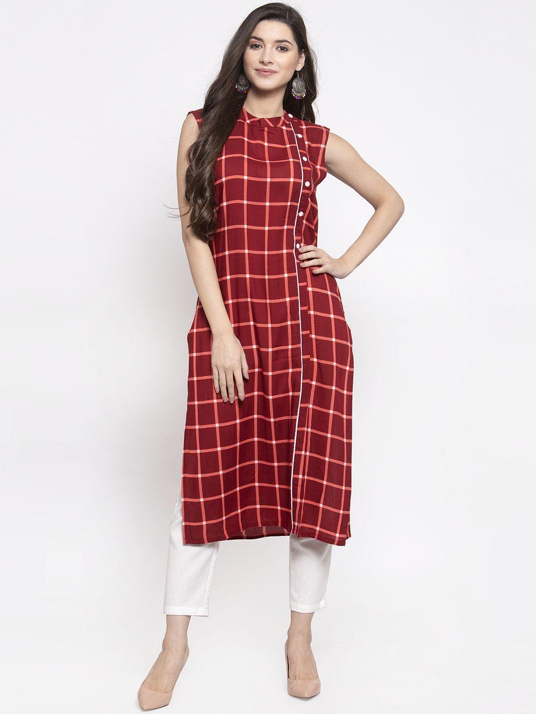 indibelle women maroon & orange checked straight kurta