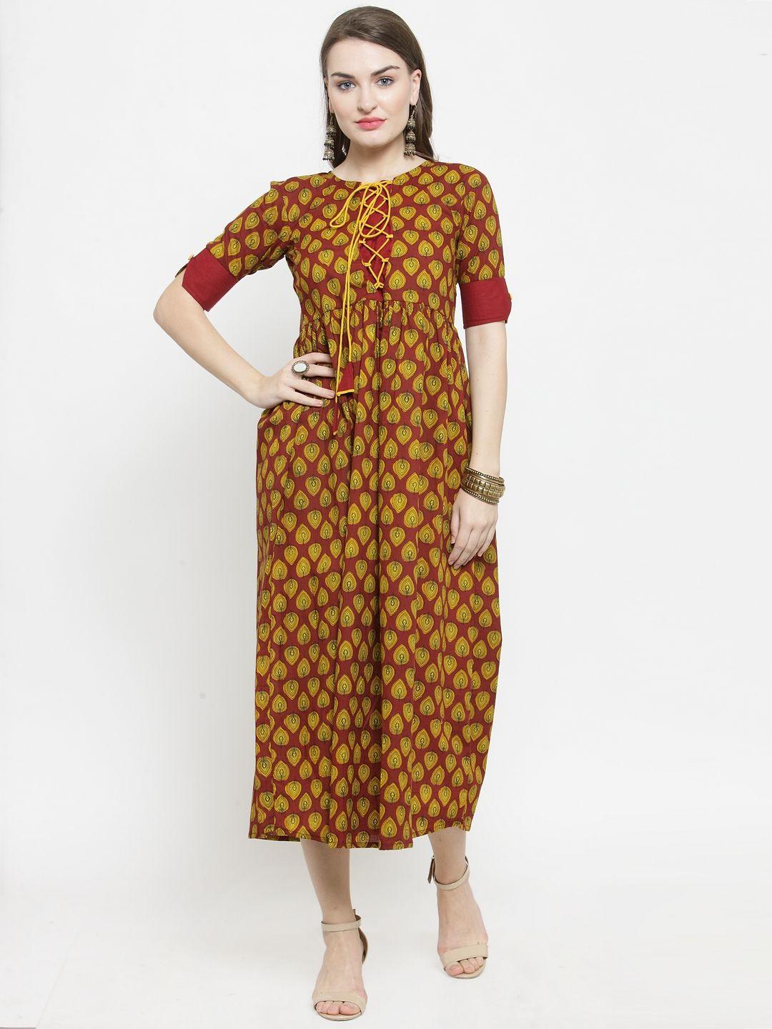 indibelle women maroon printed fit and flare dress