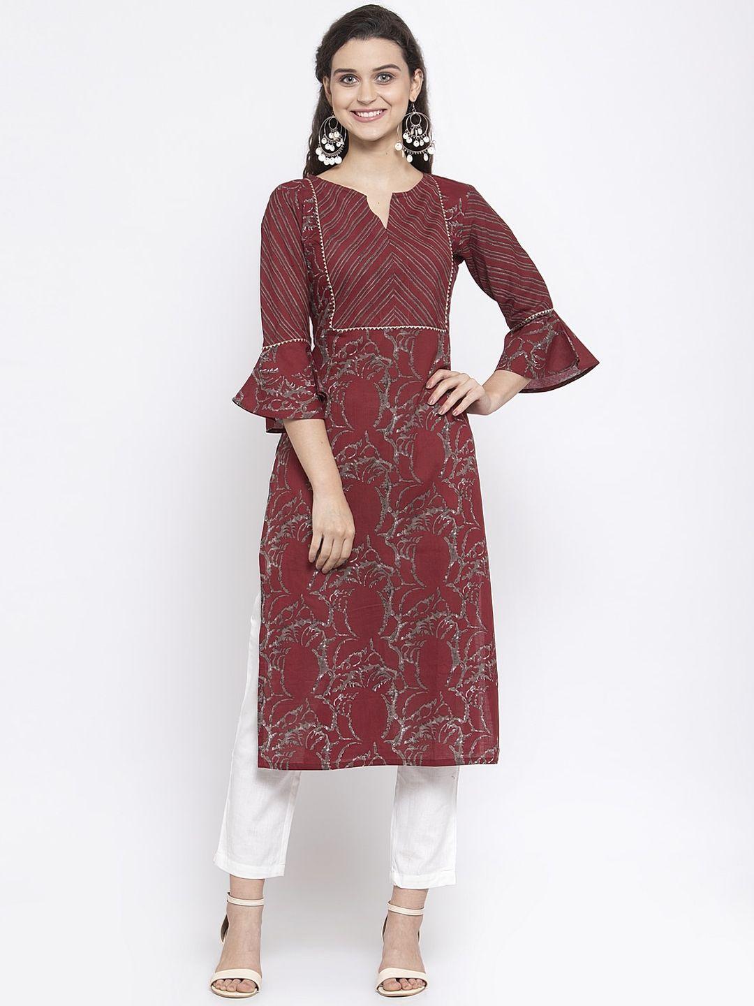 indibelle women maroon printed flared sleeves straight kurta