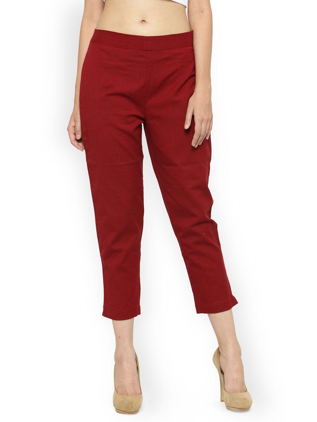 indibelle women maroon smart tapered fit solid peg trousers