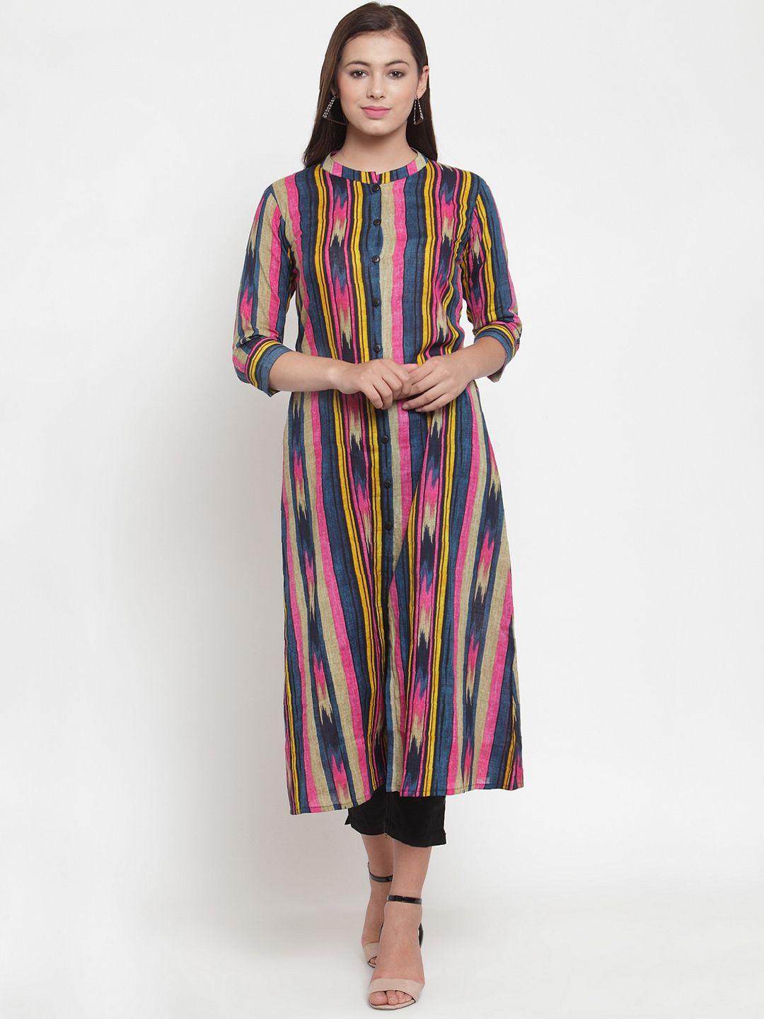 indibelle women multicoloured ikat striped kurta with trousers