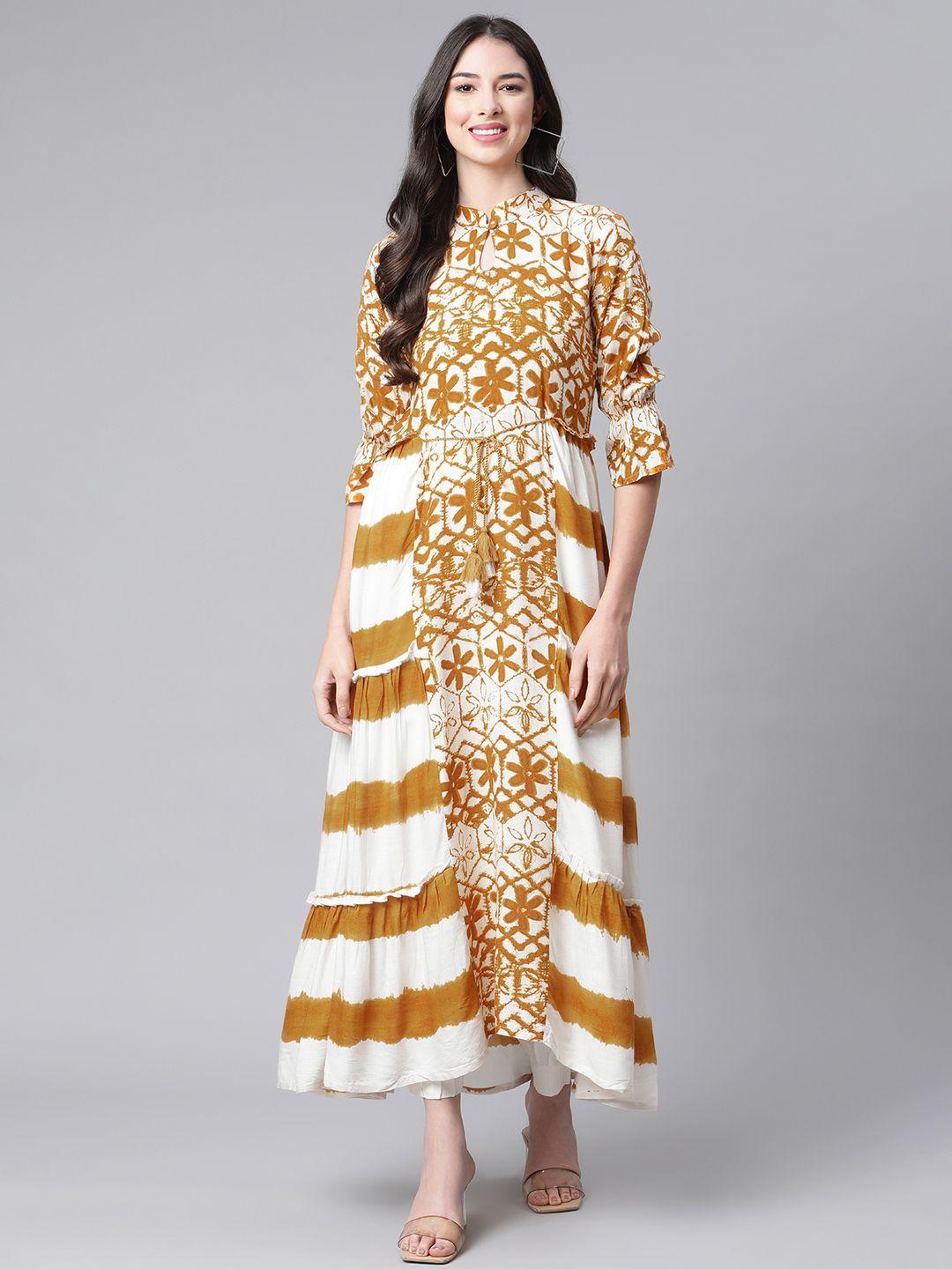 indibelle women mustard yellow & white ethnic motifs printed a-line kurta