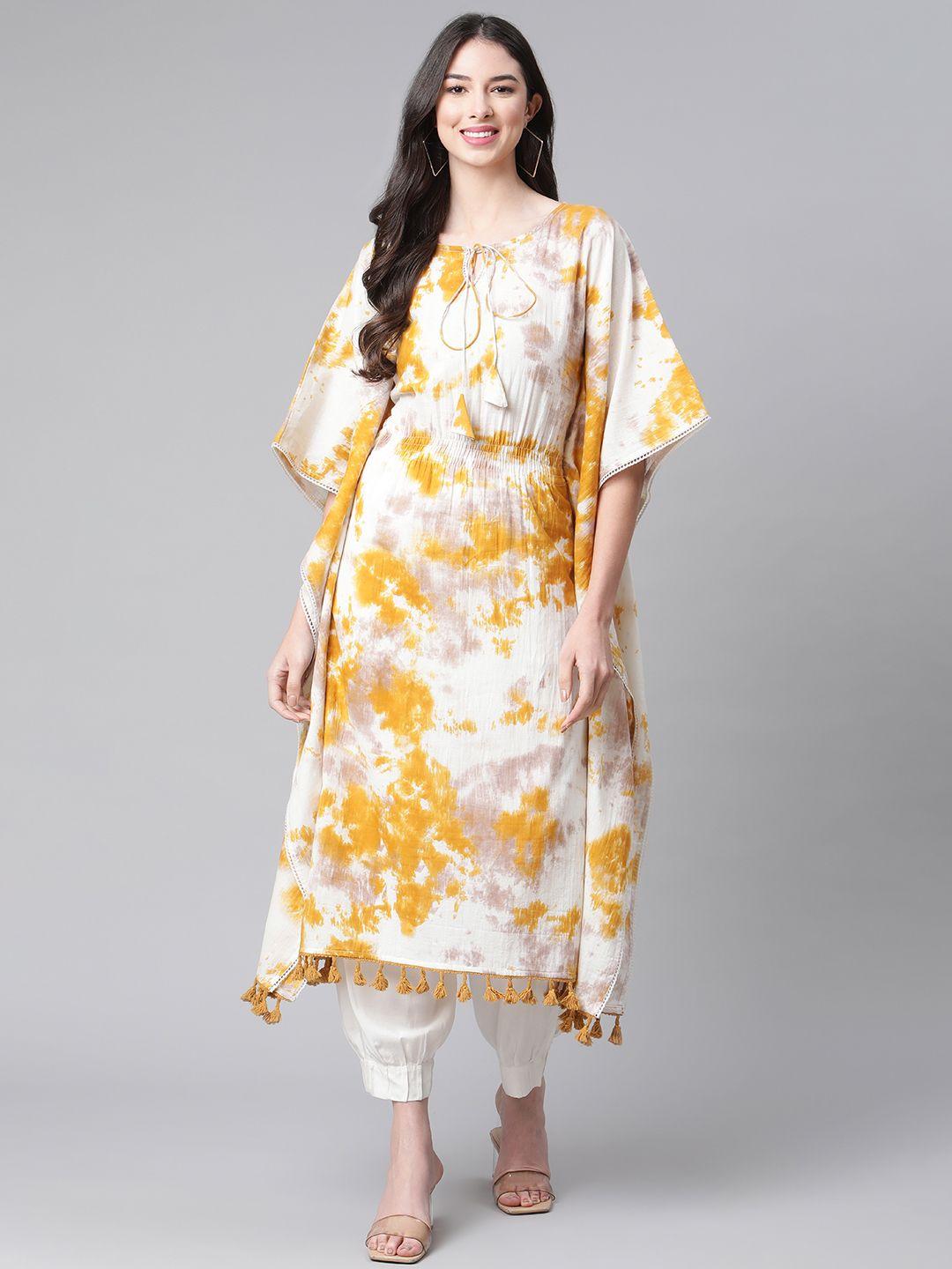 indibelle women mustard yellow & white tie & dye dyed kaftan kurta