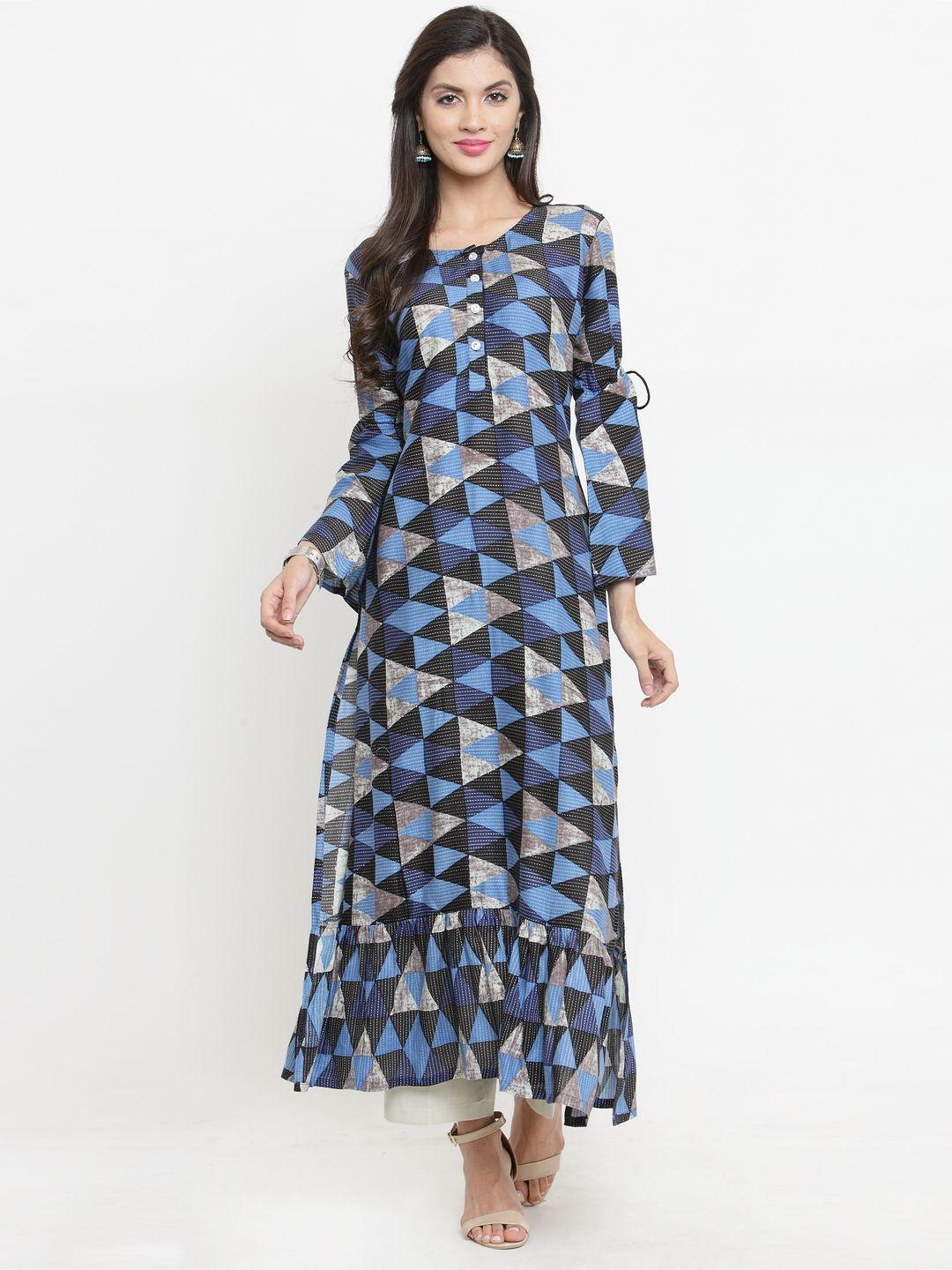 indibelle women navy blue & black printed a-line kurta