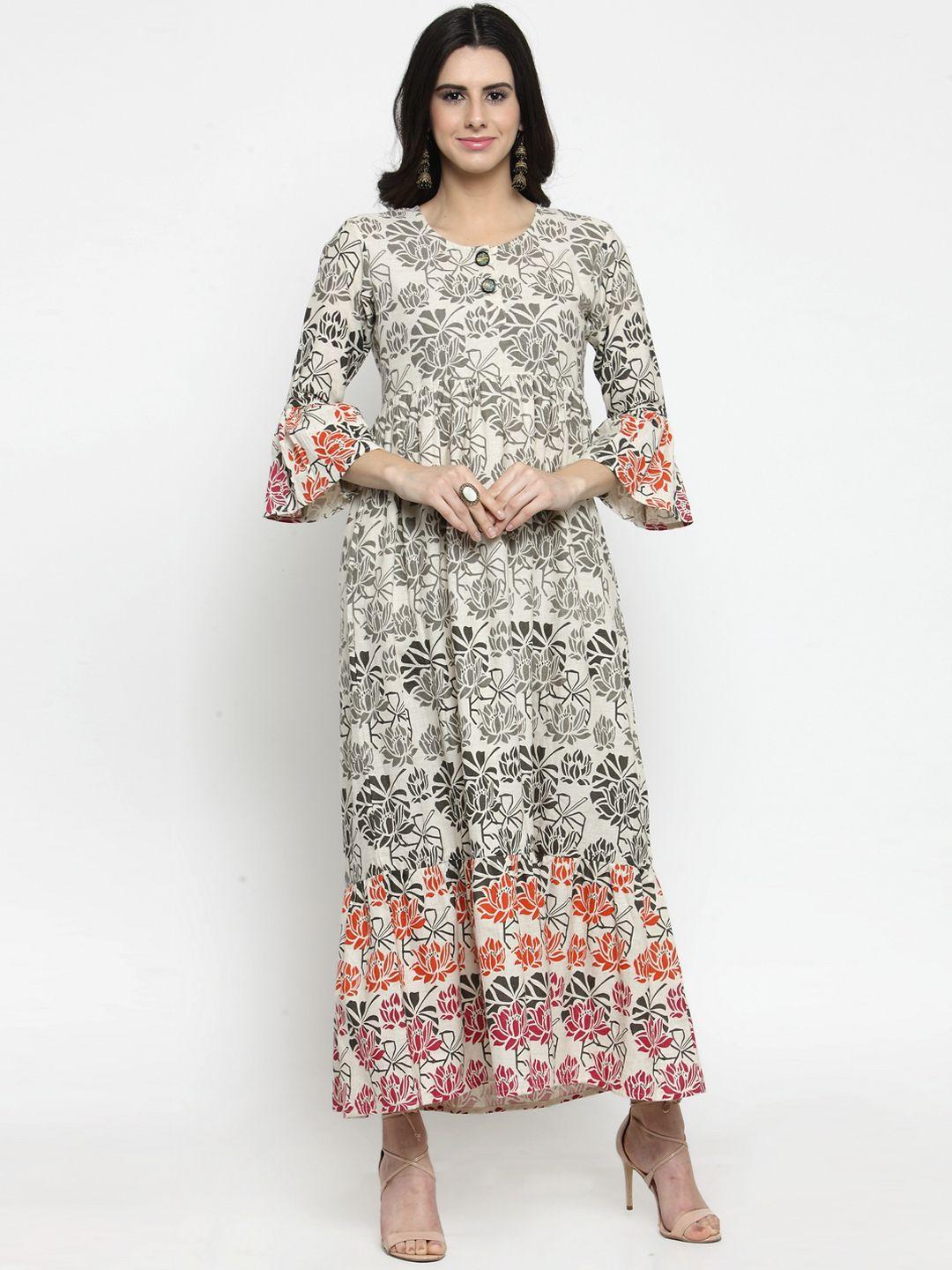 indibelle women off-white & grey printed a-line kurta