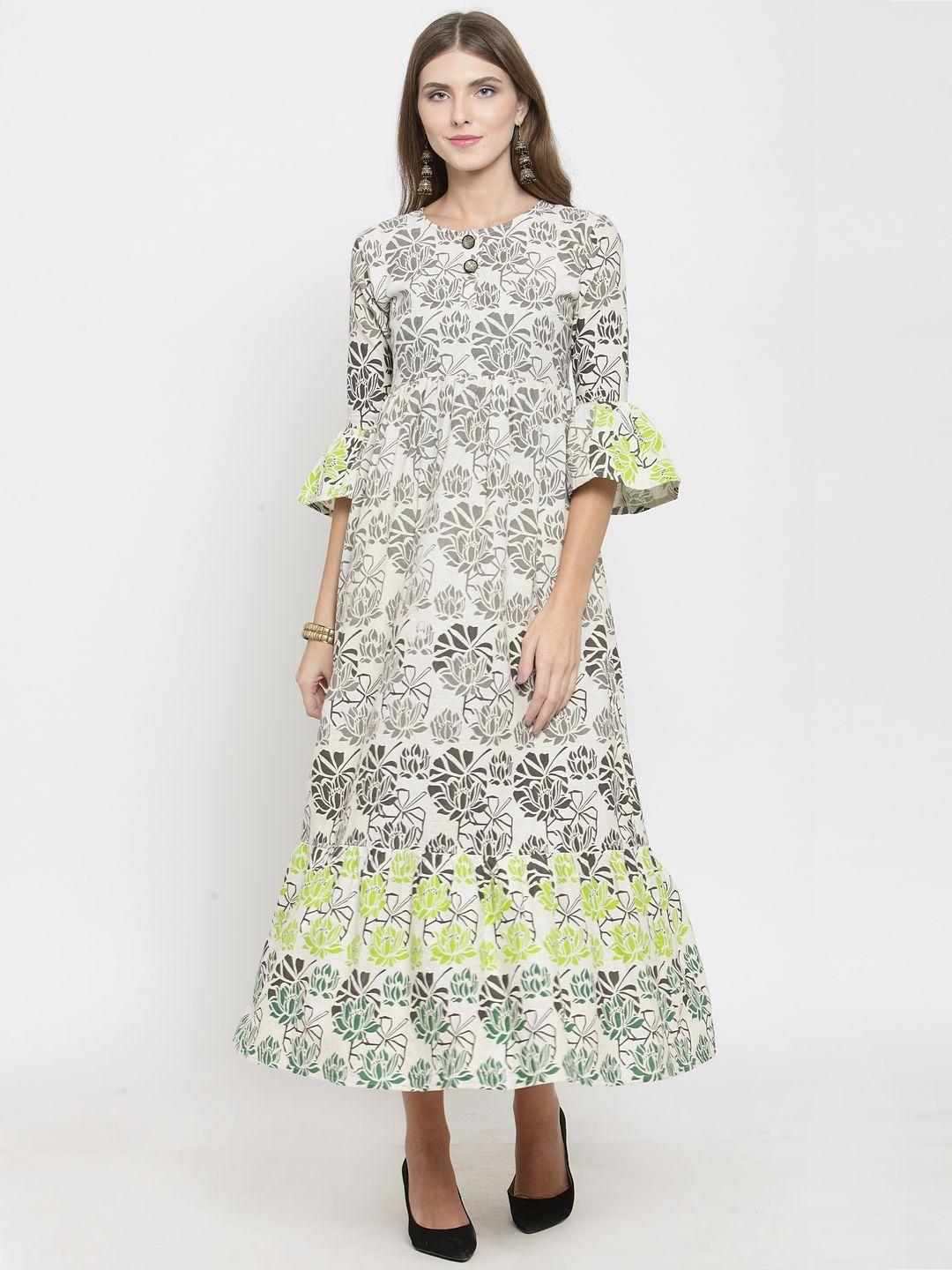 indibelle women off-white & lime green printed a-line kurta