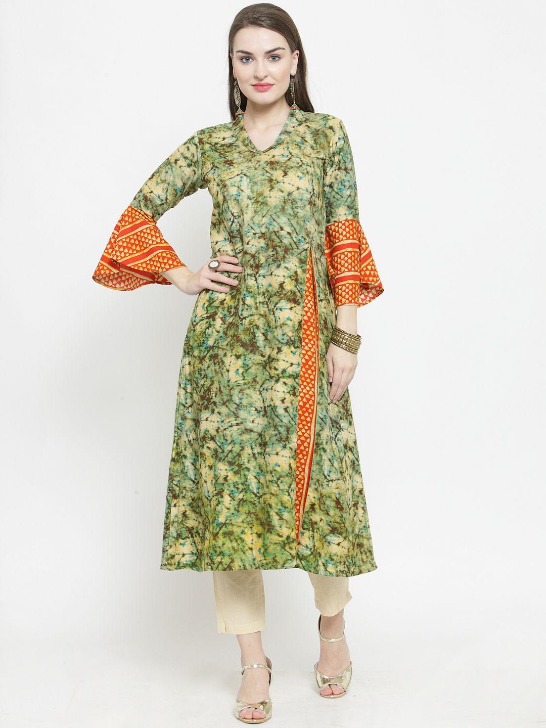 indibelle women olive green & brown printed a-line kurta