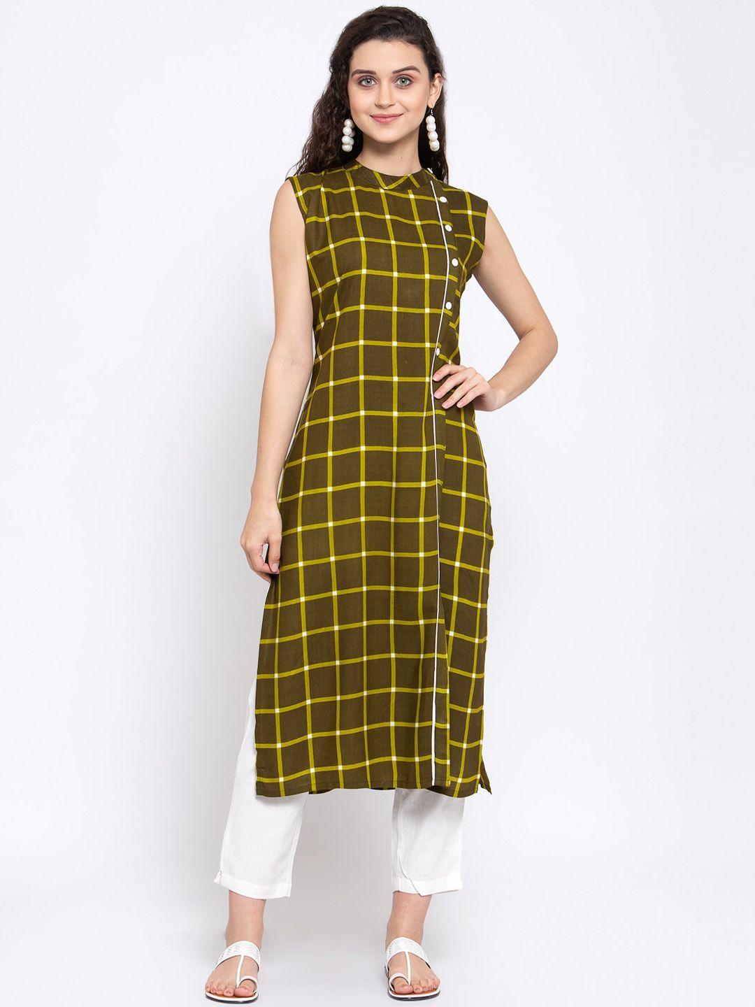 indibelle women olive green & yellow checked kurta with trousers