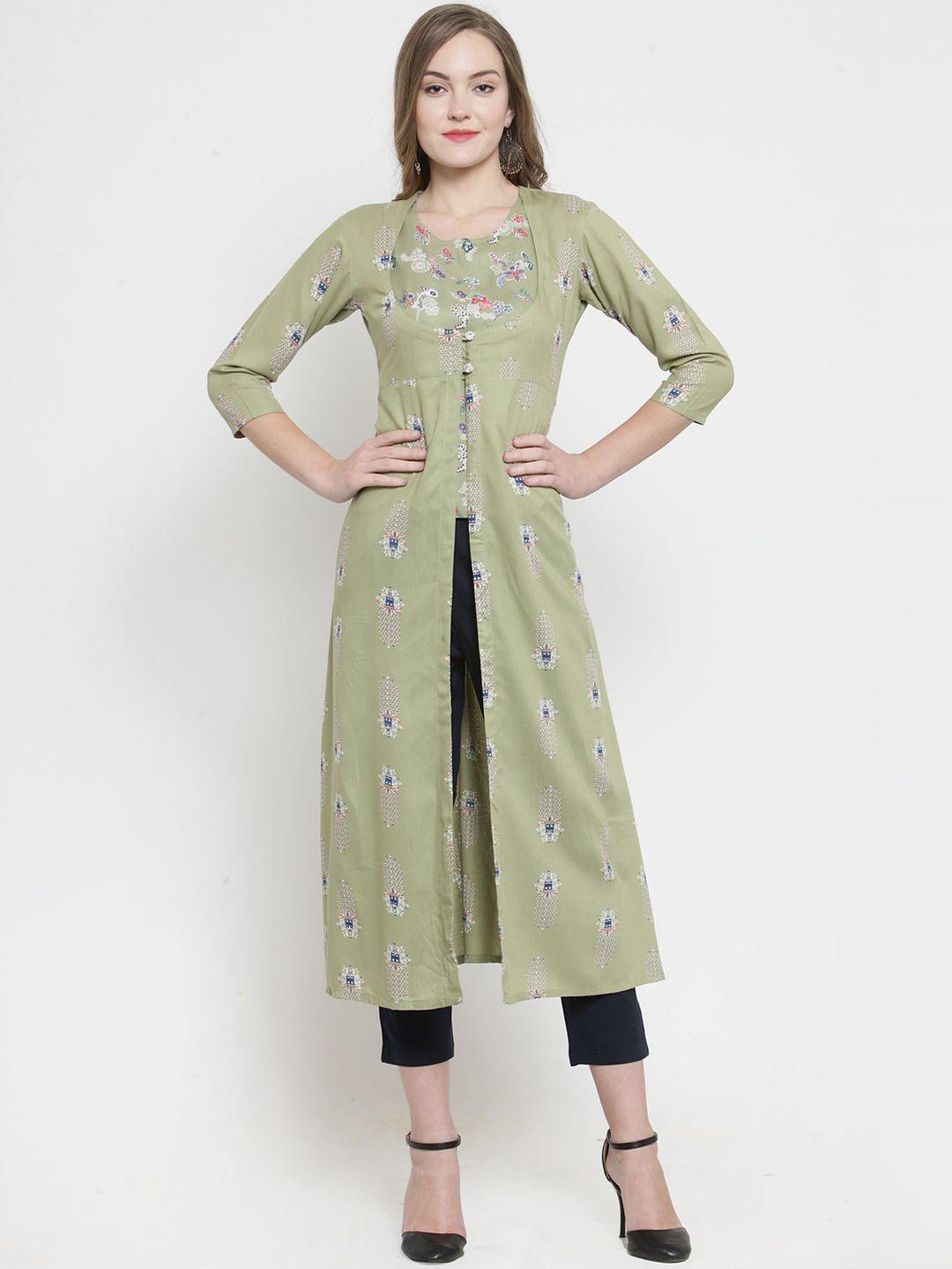 indibelle women olive green printed a-line kurta