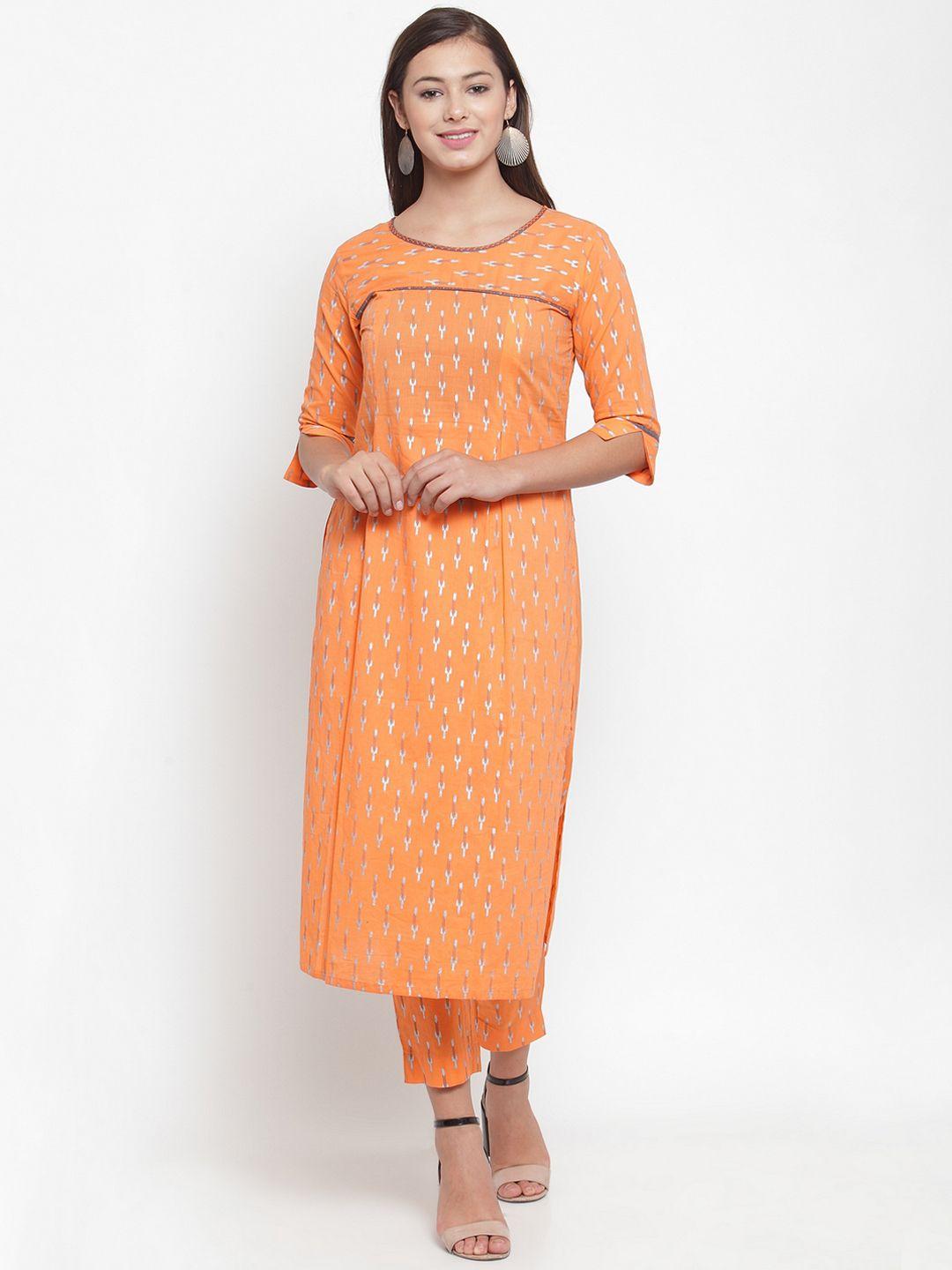 indibelle women orange & grey printed kurta with trousers