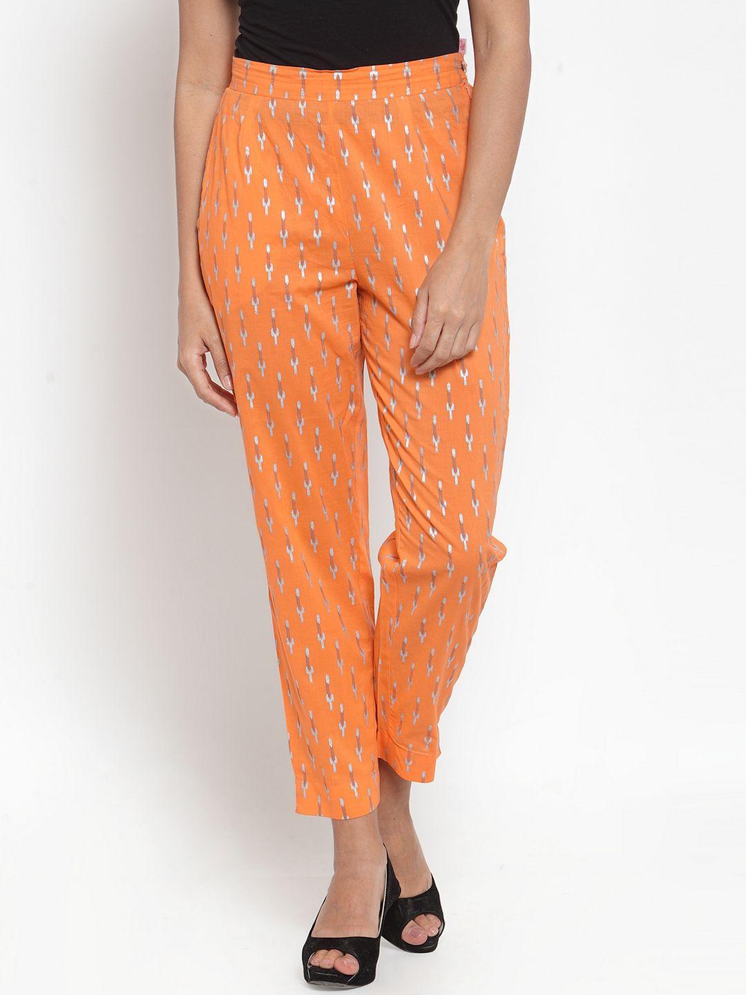 indibelle women orange & white regular fit printed cigarette trousers
