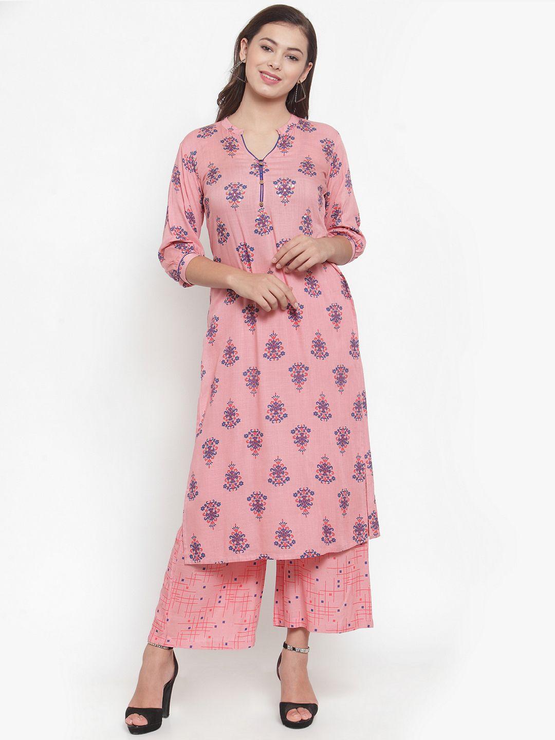 indibelle women peach-coloured & blue block print straight kurta