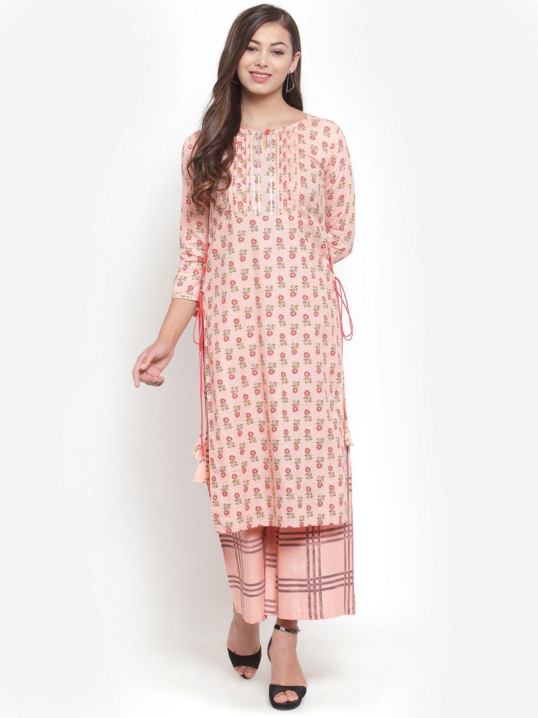 indibelle women peach-coloured & olive green floral print straight kurta