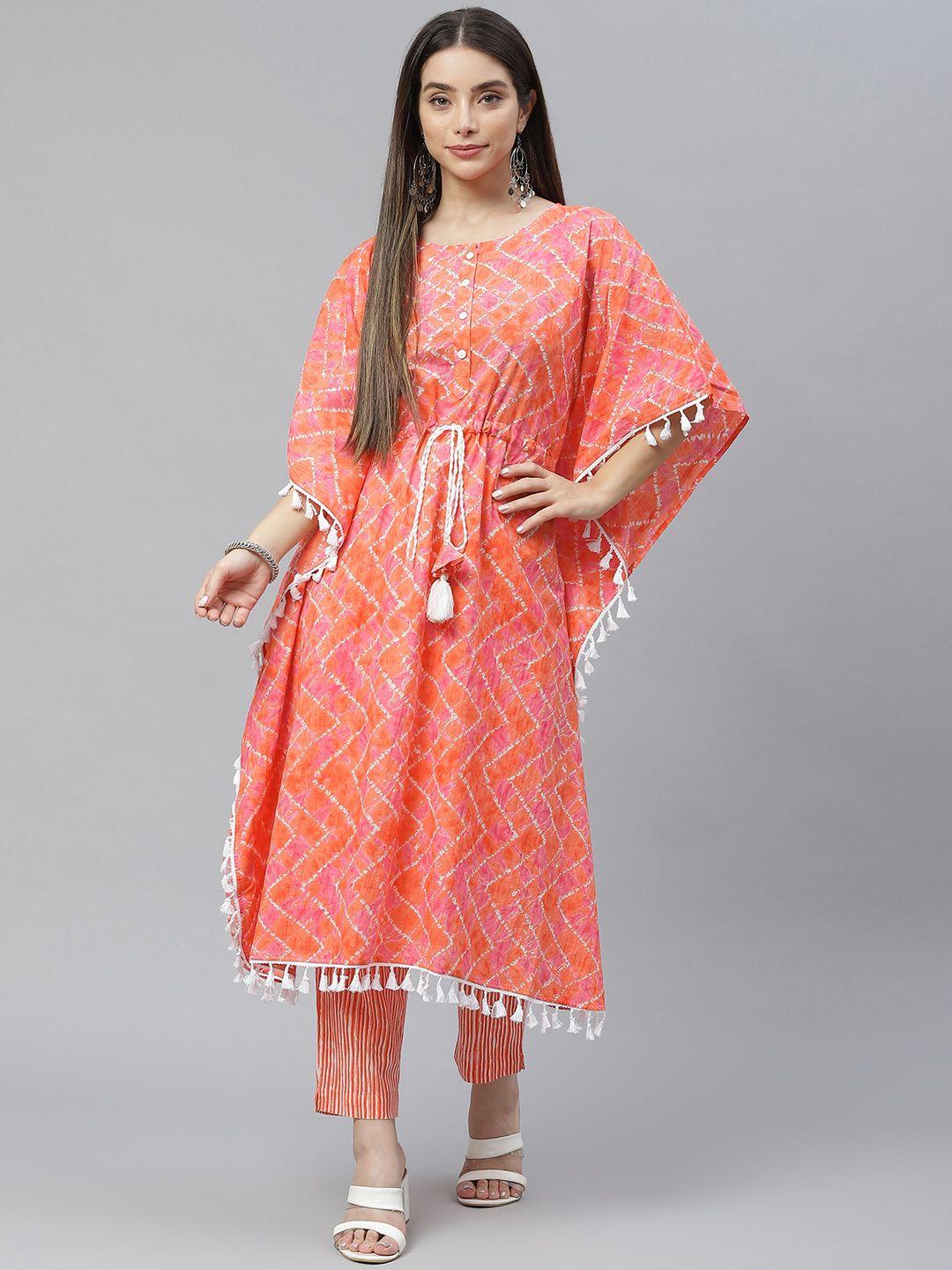 indibelle women peach-coloured & white printed pure cotton kurta with trousers