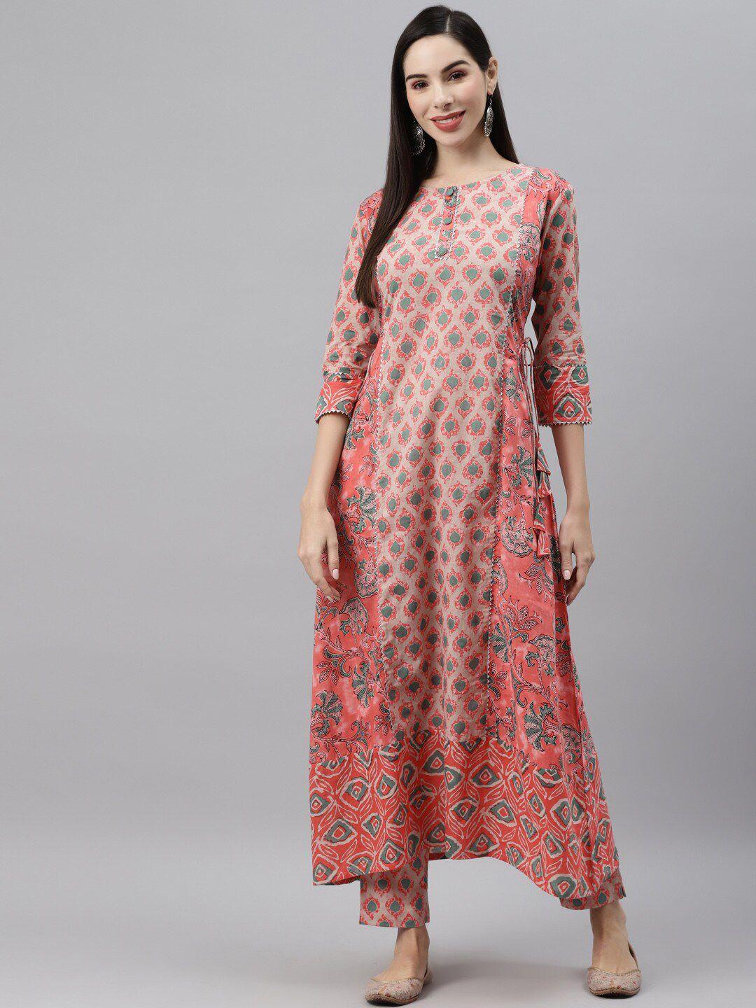 indibelle women peach-coloured floral printed empire pure cotton kurta with trousers