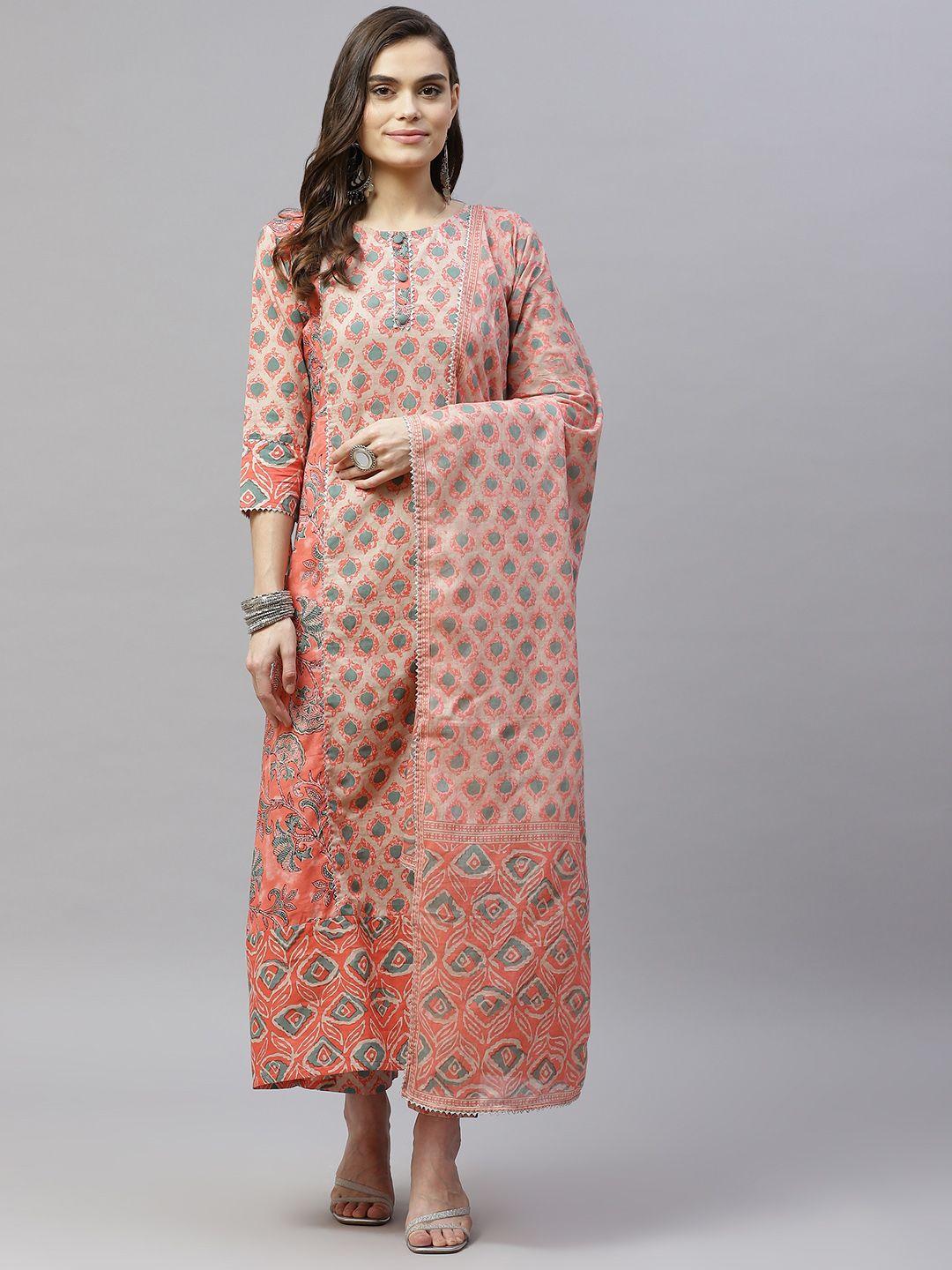 indibelle women peach-coloured floral printed panelled pure cotton kurta with trousers & with dupatta