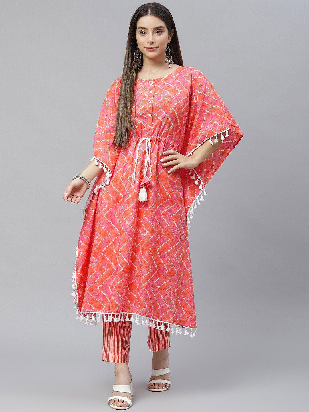 indibelle women peach-coloured geometric printed flared sleeves kaftan kurta