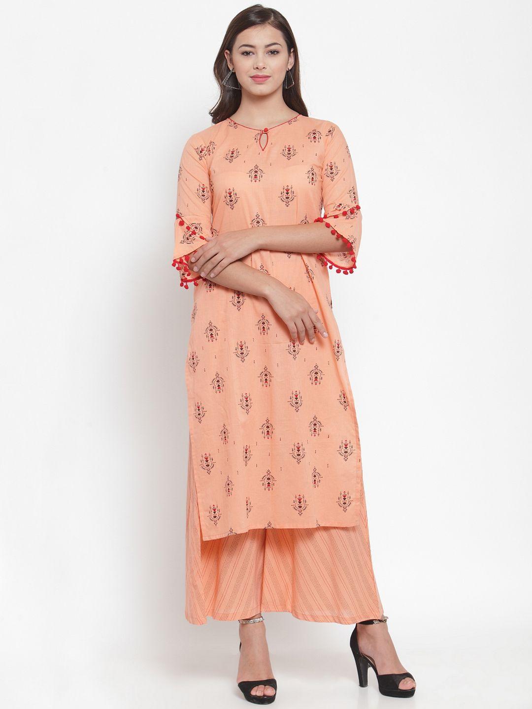 indibelle women peach-coloured printed kurta with palazzos