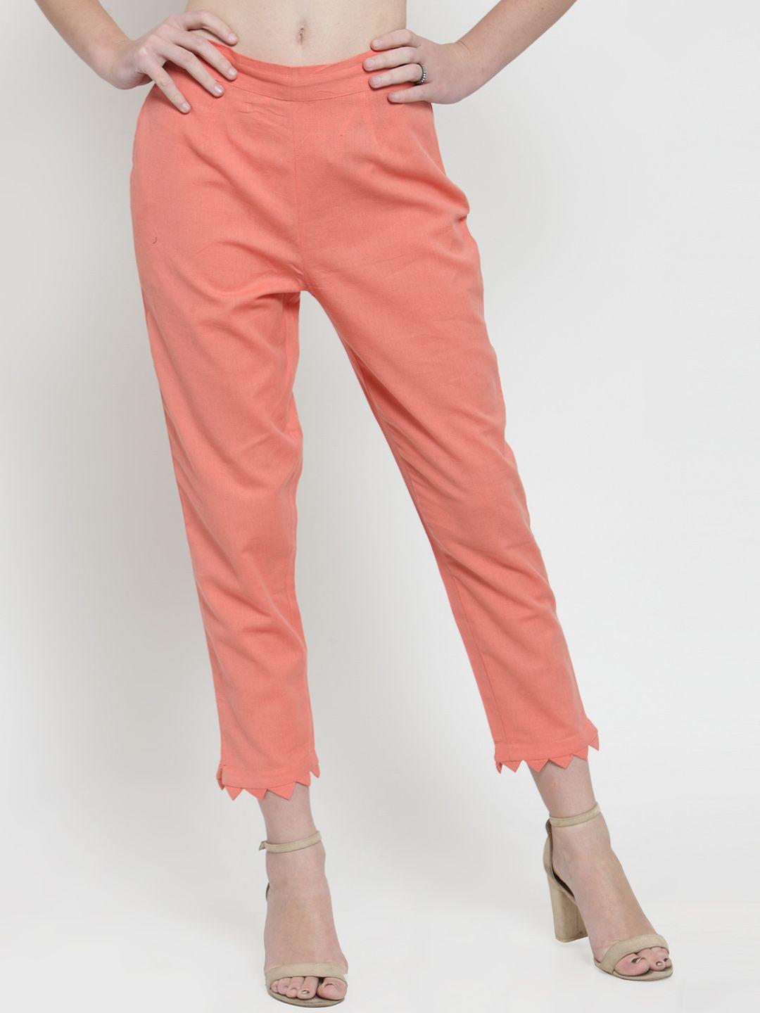 indibelle women peach-coloured regular fit solid cropped regular trousers