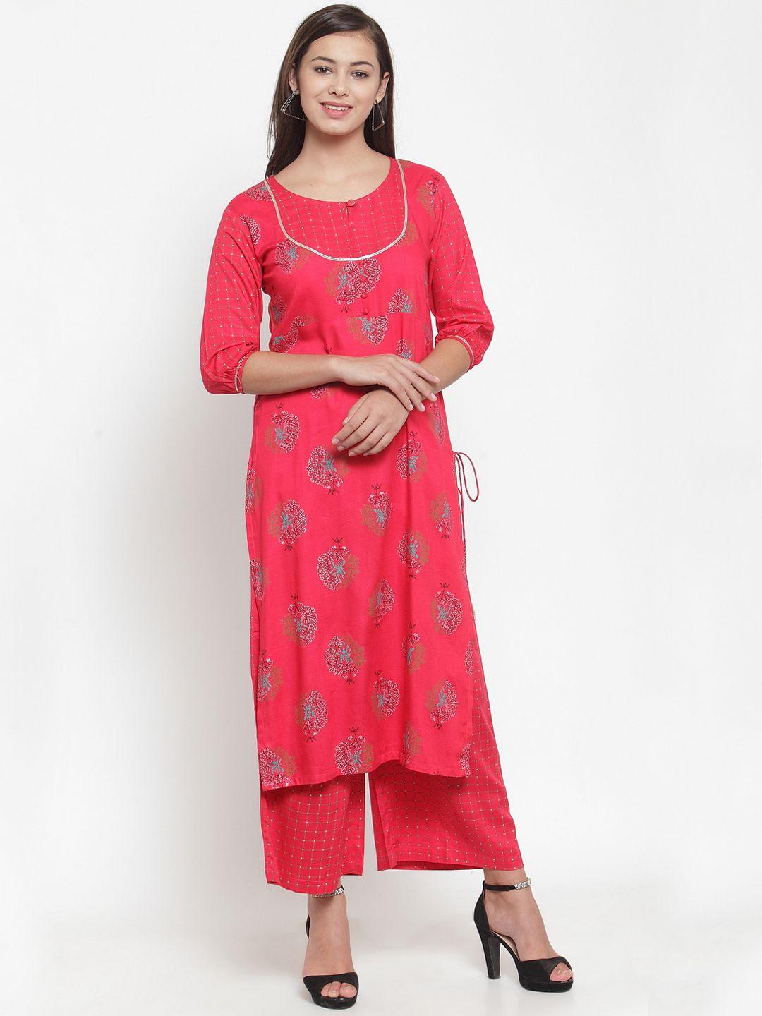 indibelle women pink & blue printed straight kurta