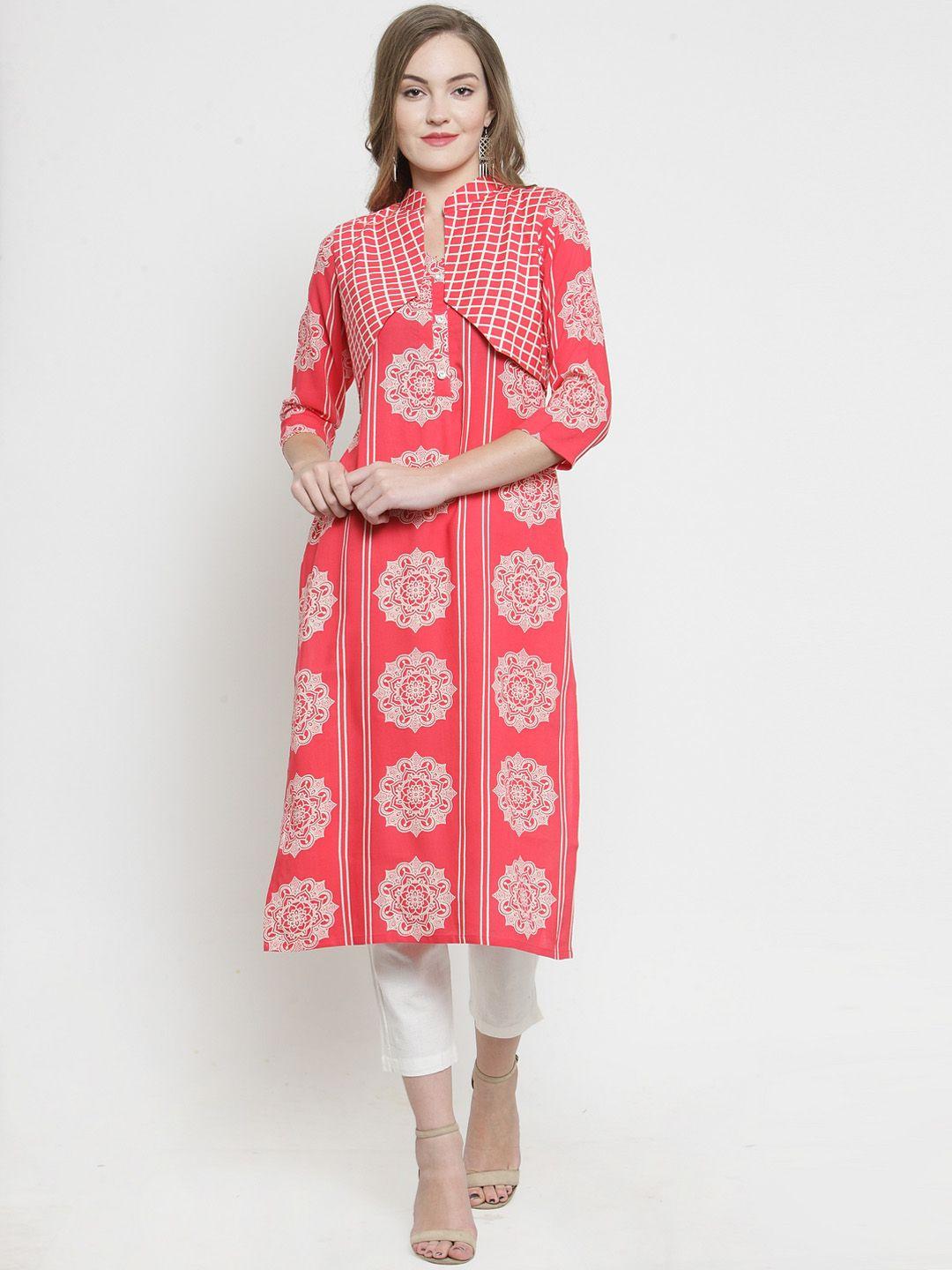 indibelle women pink & off-white printed kurta with trousers