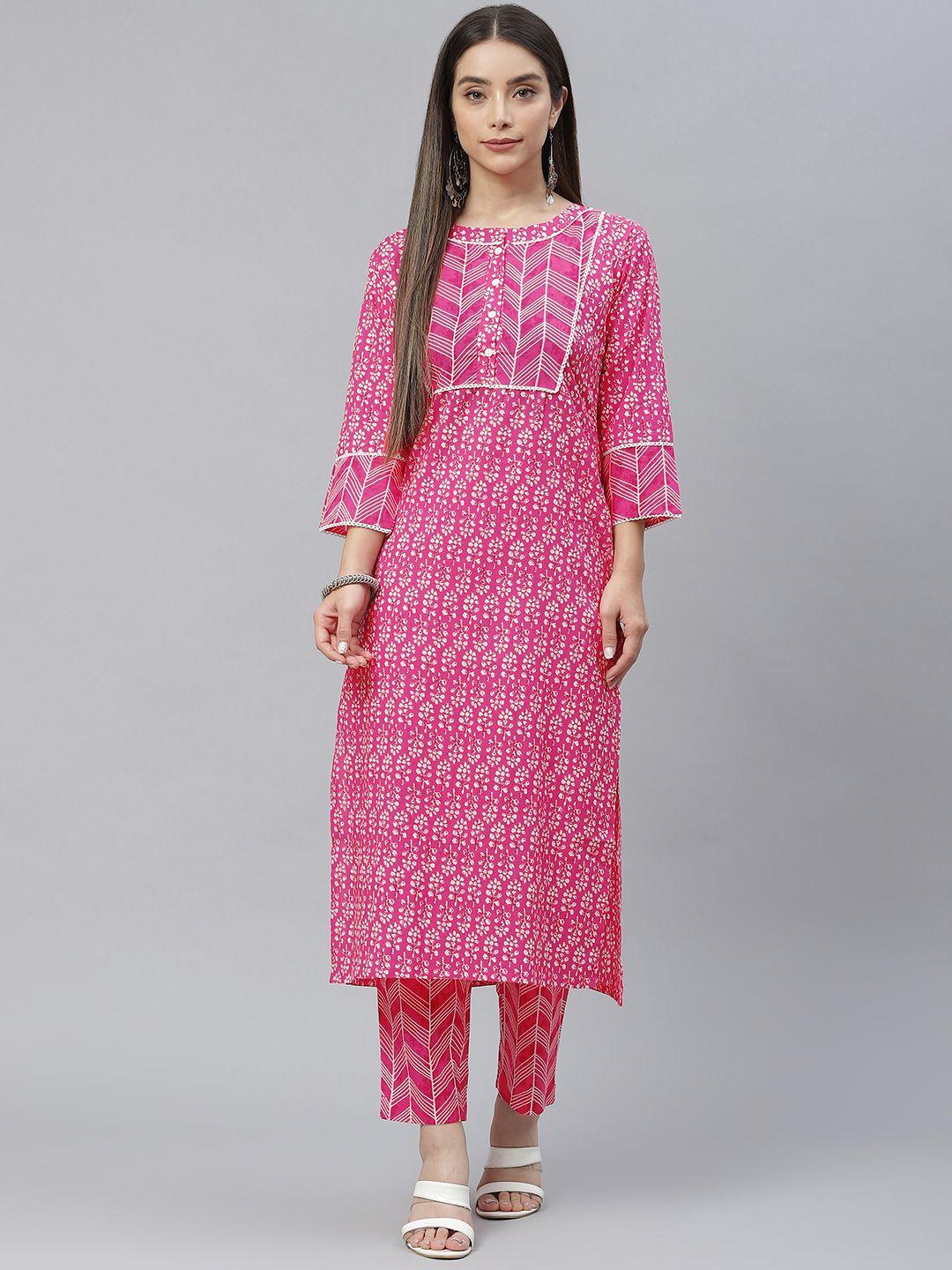 indibelle women pink & white floral printed pure cotton kurta with trousers