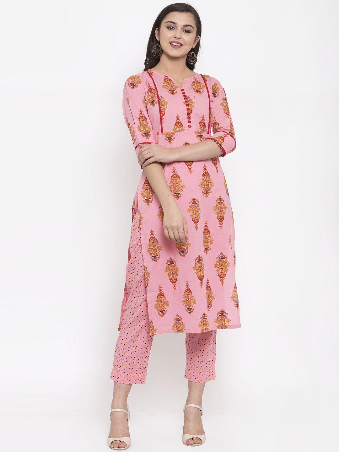 indibelle women pink block printed straight kurta