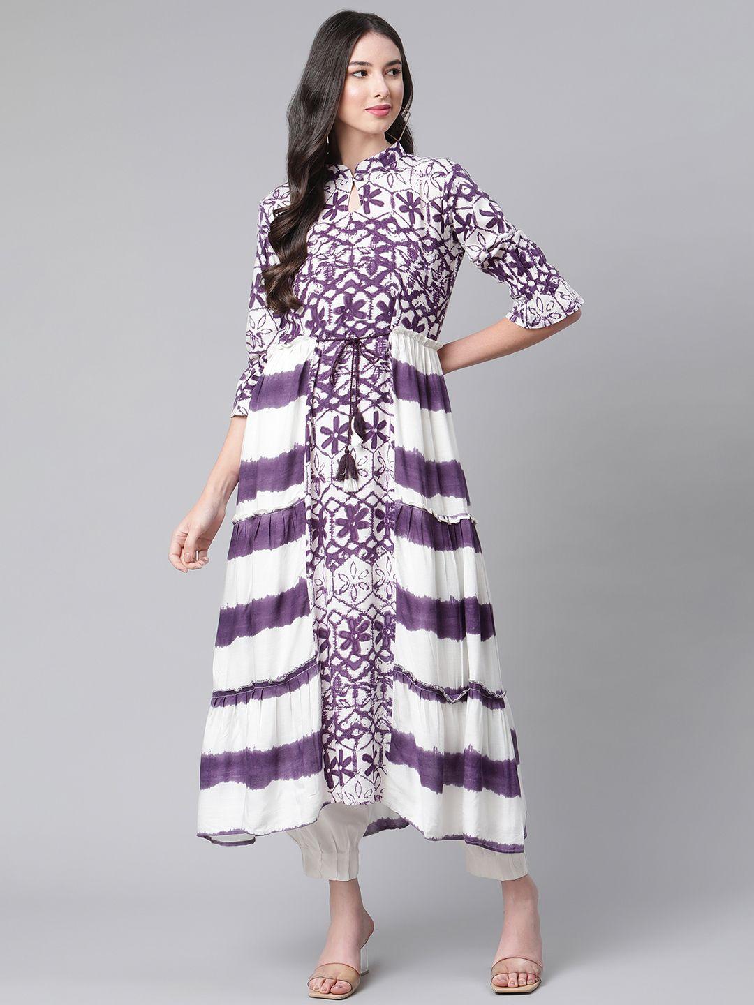 indibelle women purple & white ethnic motifs printed a-line kurta