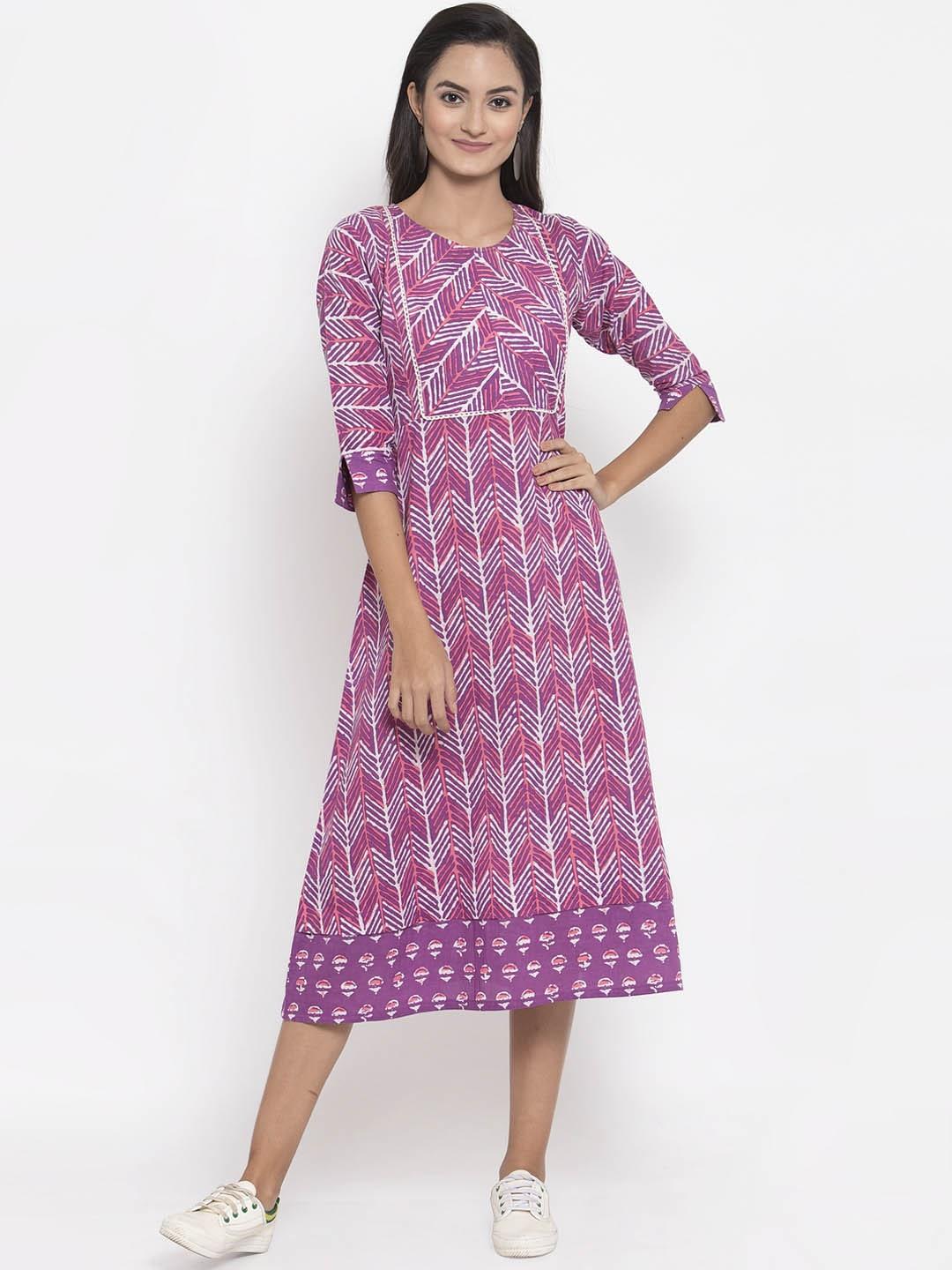 indibelle women purple & white printed a-line dress