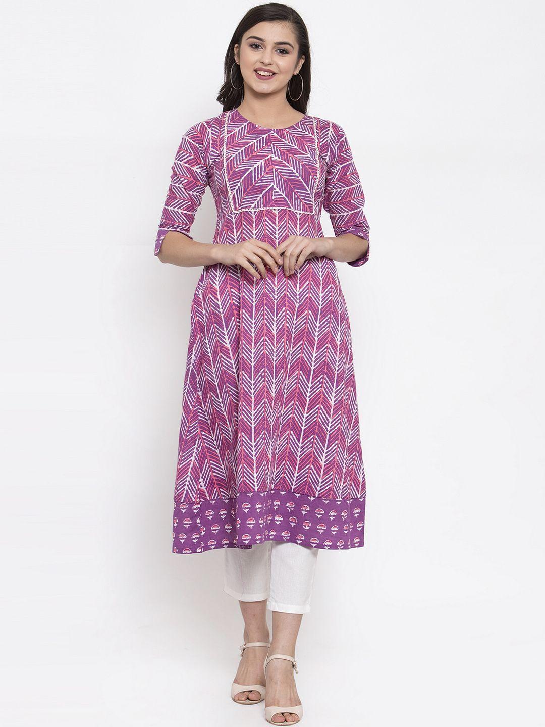 indibelle women purple & white printed kurta with trousers