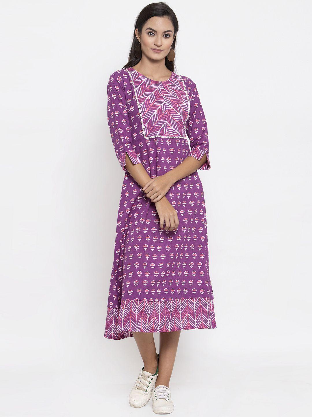 indibelle women purple printed fit and flare dress