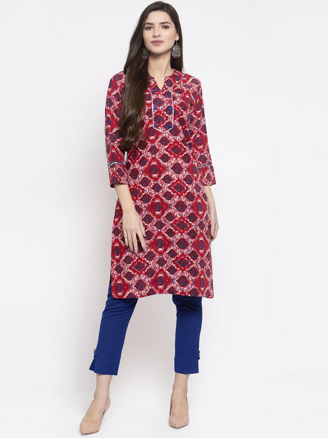 indibelle women red & navy blue block printed straight kurta