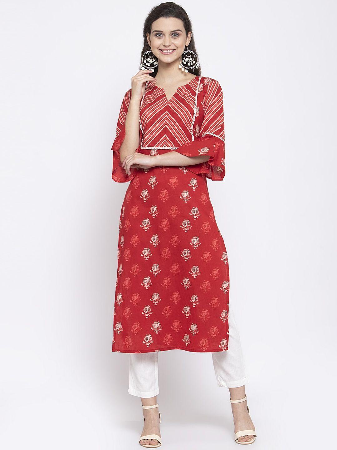 indibelle women red & off white ethnic motifs printed bell sleeves kurta