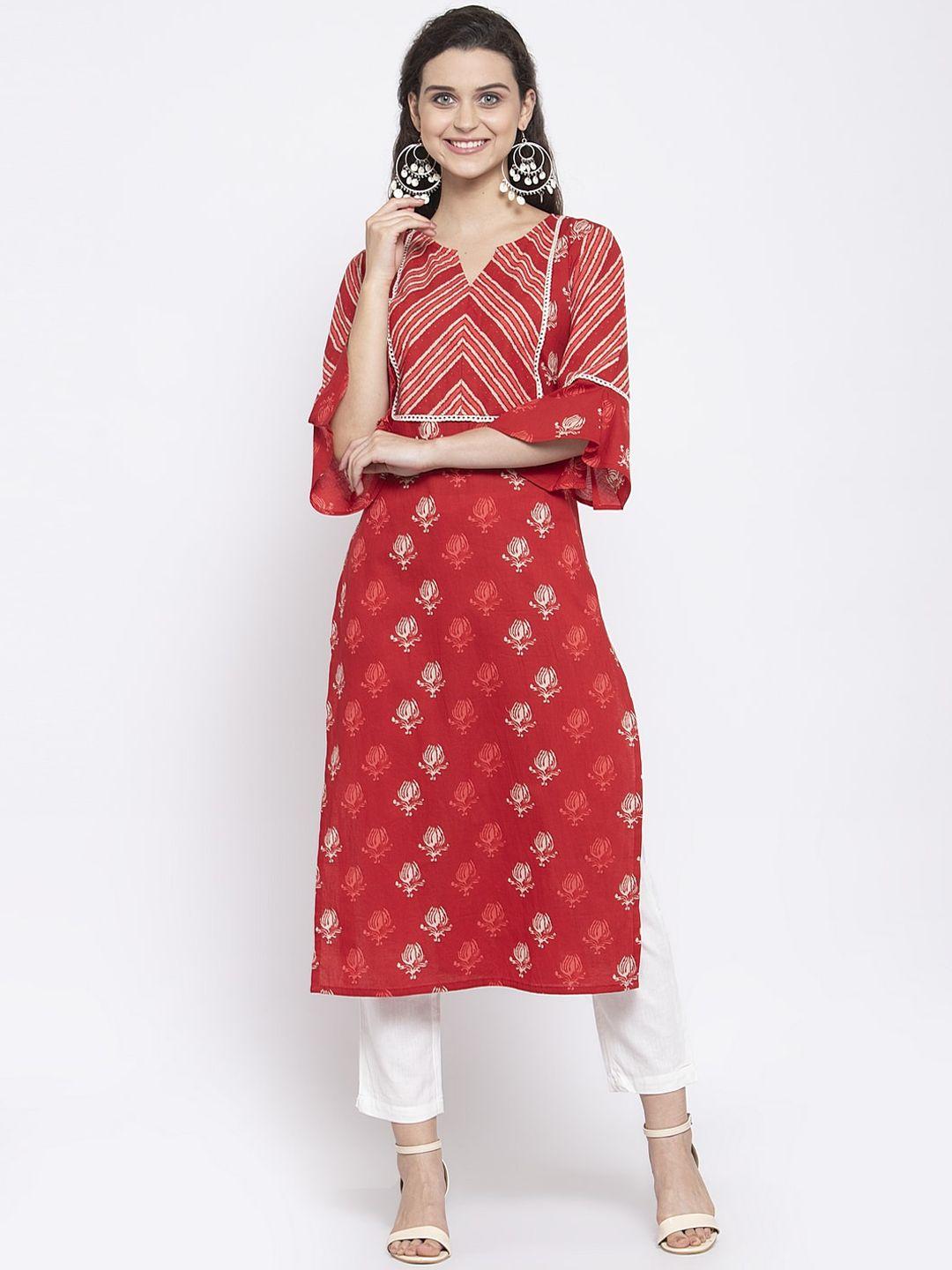 indibelle women red & white floral printed regular straight pure cotton kurta & trousers