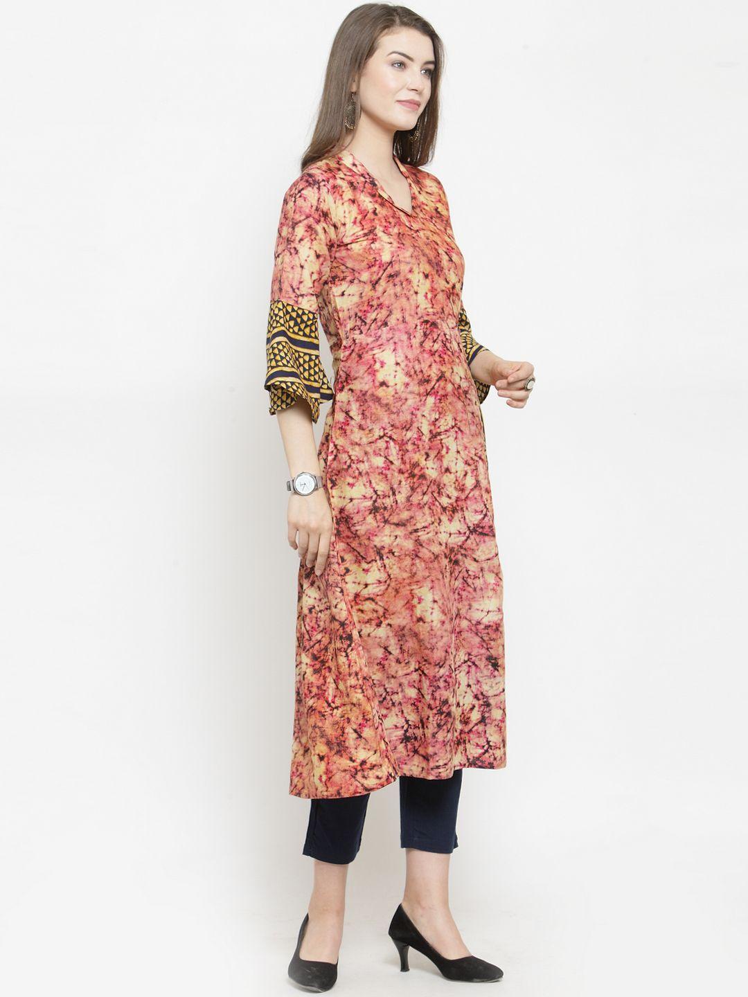 indibelle women rose & brown printed straight kurta