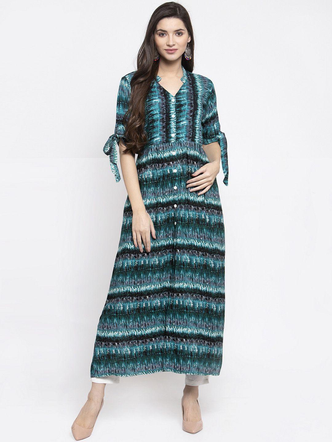 indibelle women sea green & black printed a-line kurta