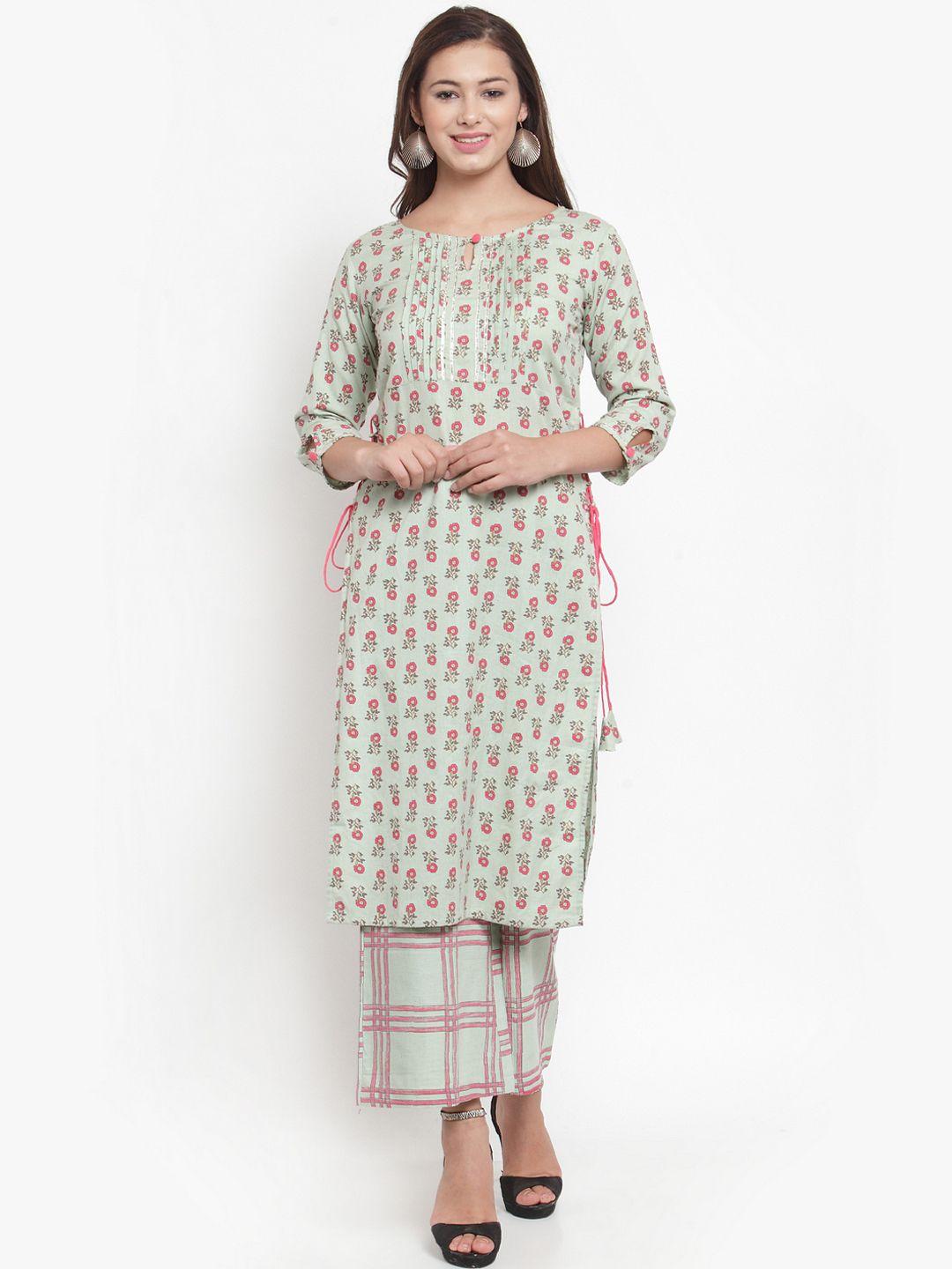 indibelle women sea green & pink printed kurta with palazzos