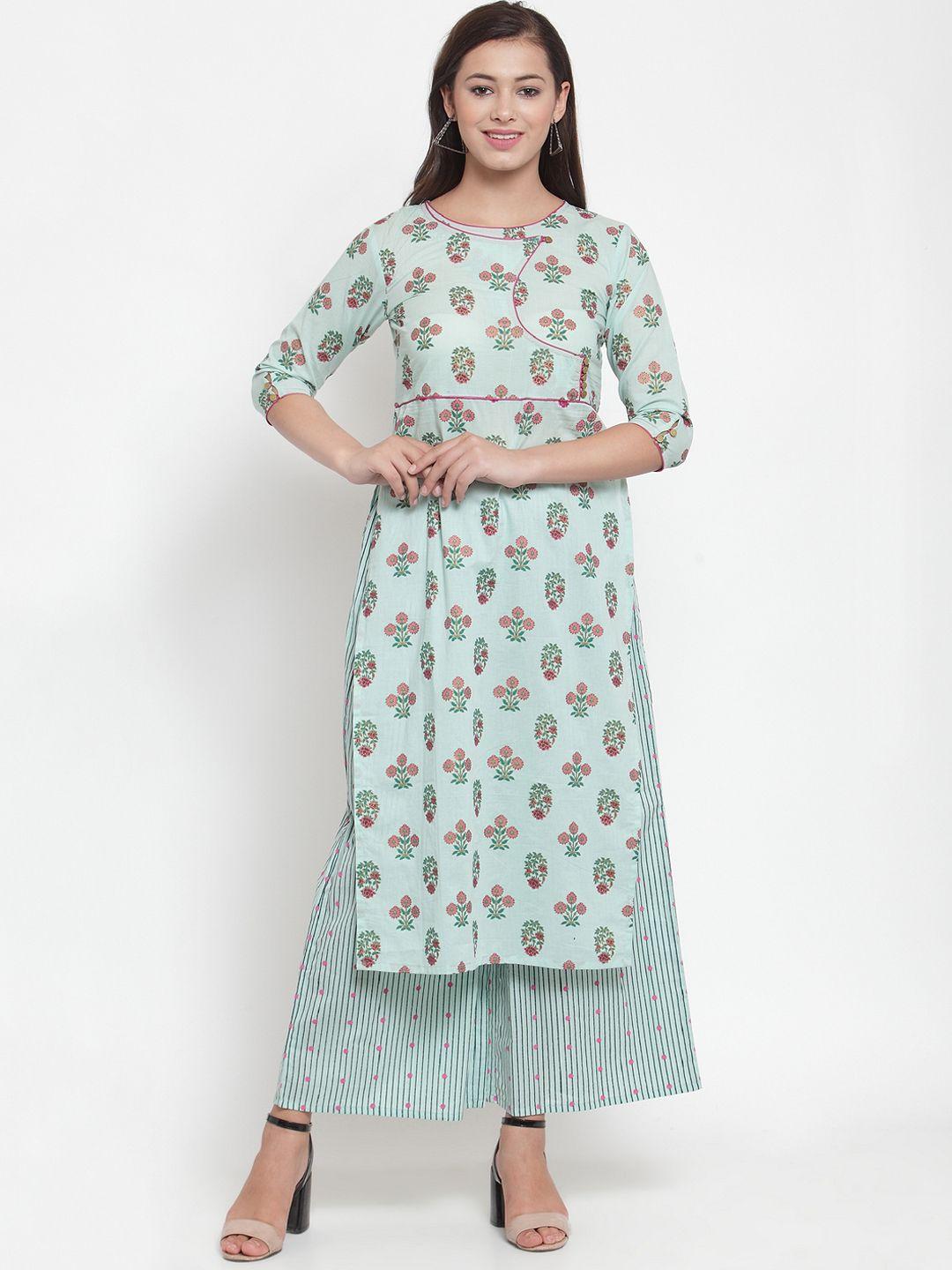 indibelle women sea green & pink printed straight kurta