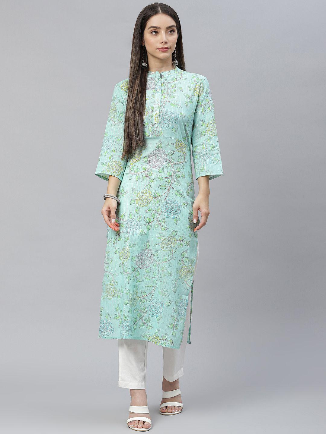 indibelle women sea green floral printed pure cotton kurta with trousers