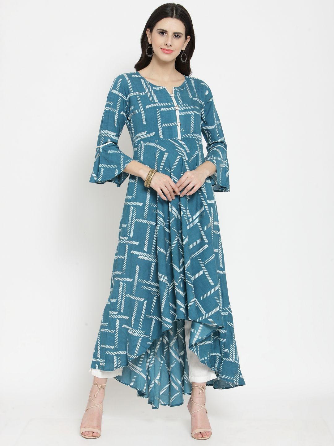 indibelle women teal blue & off-white printed asymmetric high-low a-line kurta