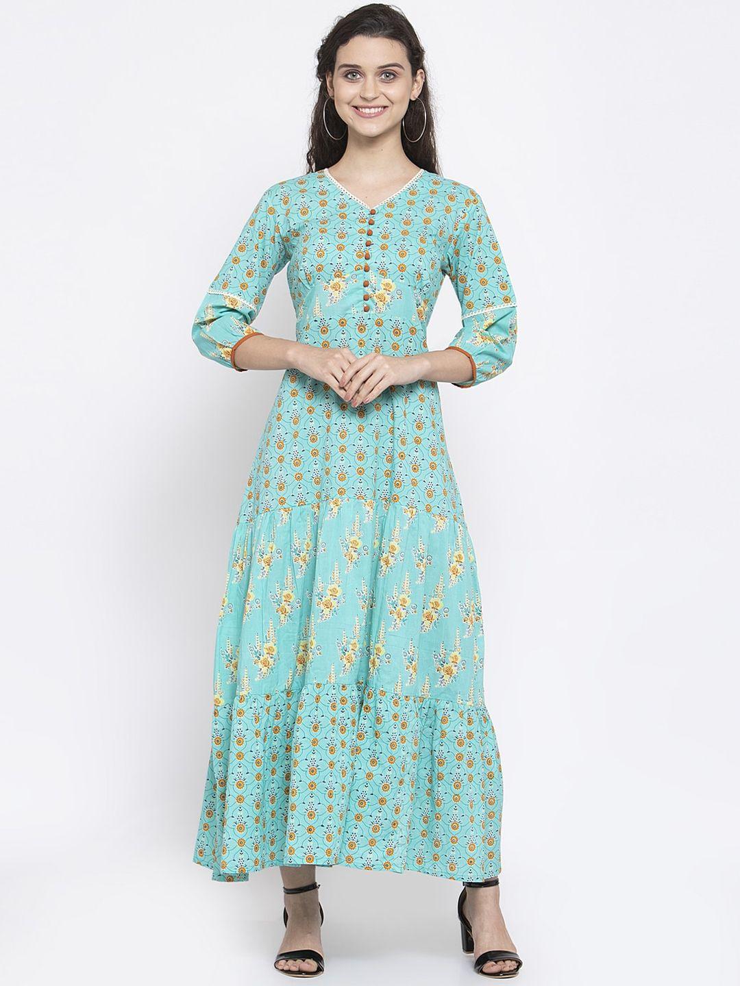 indibelle women teal blue floral printed a-line maxi dress