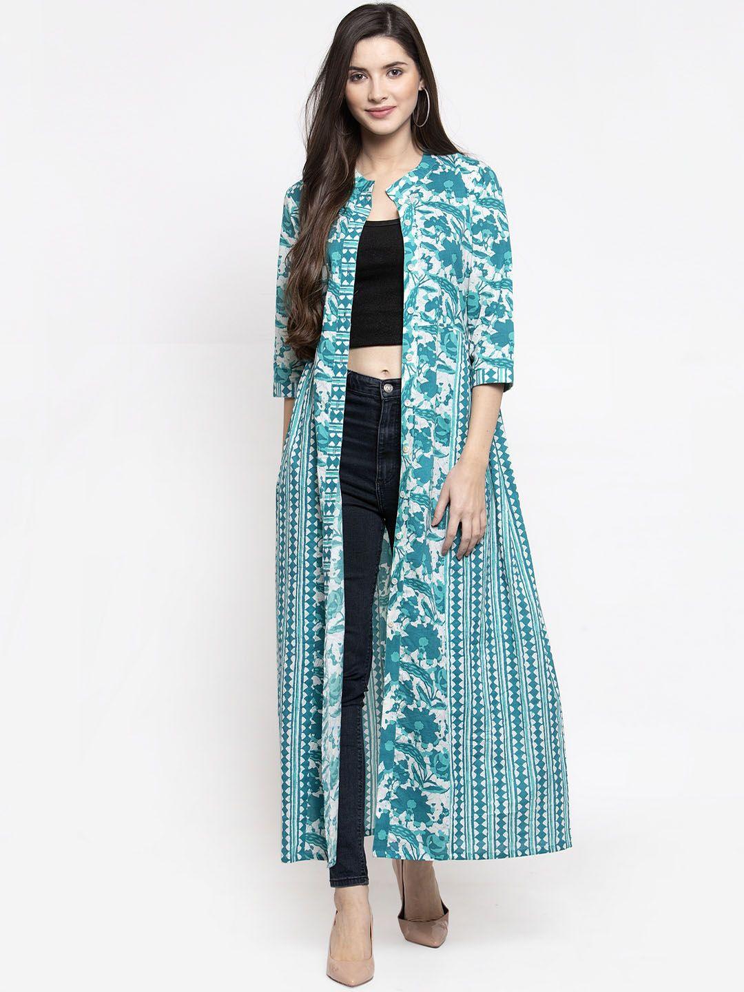 indibelle women turquoise blue & off-white printed open front shrug